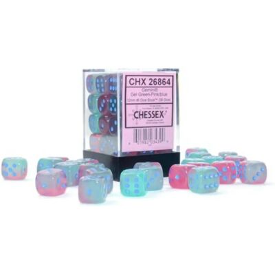Chessex - Gemini - 12mm d6 - Gel Vert-Rose/Azul Lumineux - Dés - Publicité Chessex - Gemini - 12mm d6 - Gel Vert-Rose/Azul Lumineux - Dés - Publicité