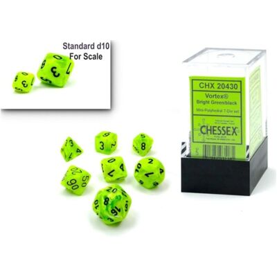 Set de 7 dés polyédriques Chessex Vortex vert brillant et noir - Publicité Set de 7 dés polyédriques Chessex Vortex vert brillant et noir - Publicité