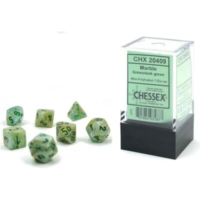 Ensemble de 7 Dés en Marbre Vert Foncé - Dés Polyédriques Chessex - Publicité Ensemble de 7 Dés en Marbre Vert Foncé - Dés Polyédriques Chessex - Publicité