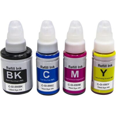 Set de 4 bouteilles d’encre compatible G-590 - Noir, Cyan, Magenta, Jaune - Compatible série G Canon - Publicité Set de 4 bouteilles d’encre compatible G-590 - Noir, Cyan, Magenta, Jaune - Compatible série G Canon - Publicité