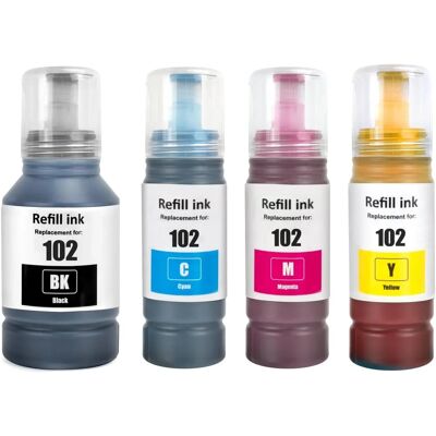 Set de bouteilles d'encre 102 de Go Inks - Compatible Epson EcoTank - Publicité Set de bouteilles d'encre 102 de Go Inks - Compatible Epson EcoTank - Publicité