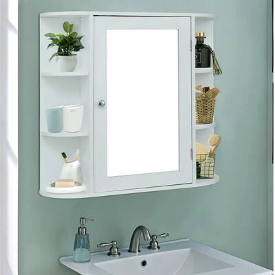 Costway Weißer Badezimmerschrank mit Spiegel 4 Fächer & 6 offene Ablagen Costway Weißer Badezimmerschrank mit Spiegel 4 Fächer & 6 offene Ablagen
