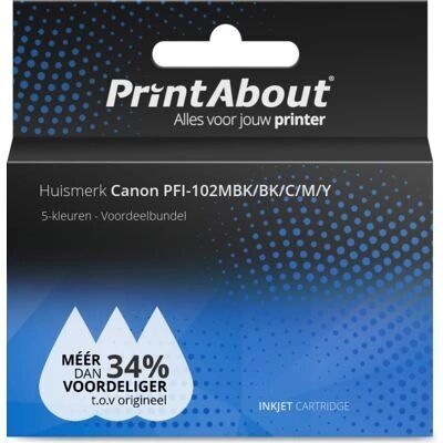 PrintAbout Canon PFI-102MBK/BK/C/M/Y Mehrfarbig Tintenpatron - 5er Pack PrintAbout Canon PFI-102MBK/BK/C/M/Y Mehrfarbig Tintenpatron - 5er Pack