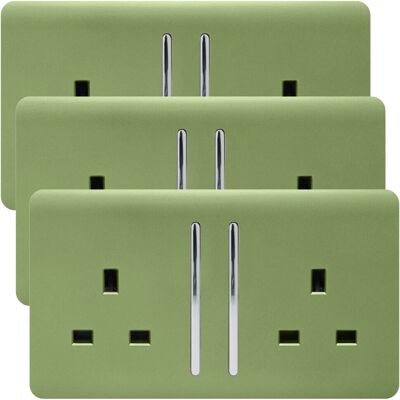 Trendi - 2 Gang 13A Plug Socket - Moss Green - 3 Pack Trendi - 2 Gang 13A Plug Socket - Moss Green - 3 Pack
