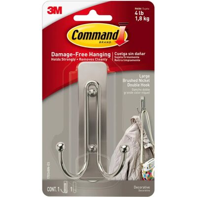 3M 17036BN-ES Brushed Nickel Large Metal Double Hook 3M 17036BN-ES Brushed Nickel Large Metal Double Hook