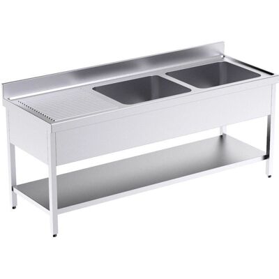 Évier en inox avec 2 égouttoirs et étagère - Évier de cuisine - Publicité Évier en inox avec 2 égouttoirs et étagère - Évier de cuisine - Publicité