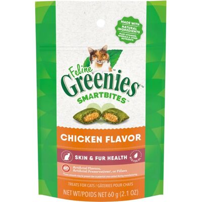 Friandises pour chats Greenies SmartBites saveur poulet pour peau et pelage sains - Publicité Friandises pour chats Greenies SmartBites saveur poulet pour peau et pelage sains - Publicité