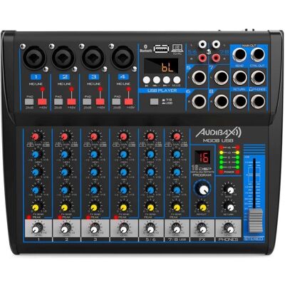 Audibax MG08-USB Console de Mixage 8 Canaux Bluetooth MP3 USB Enregistrement Effets - Publicité Audibax MG08-USB Console de Mixage 8 Canaux Bluetooth MP3 USB Enregistrement Effets - Publicité