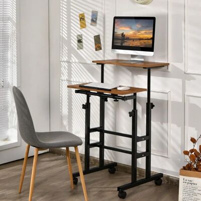 Costway - Mobiler Stehschreibtisch - Schwarz - Walnuss - Sitz-Steh-Schreibtisch Costway - Mobiler Stehschreibtisch - Schwarz - Walnuss - Sitz-Steh-Schreibtisch