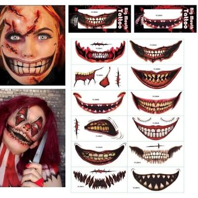 Otego 12 kpl Halloween - Haava-tatuoinnit - Suu-tatuoinnit - Tatuointi - Tilapäiset Halloween-tatuoinnit Otego 12 kpl Halloween - Haava-tatuoinnit - Suu-tatuoinnit - Tatuointi - Tilapäiset Halloween-tatuoinnit