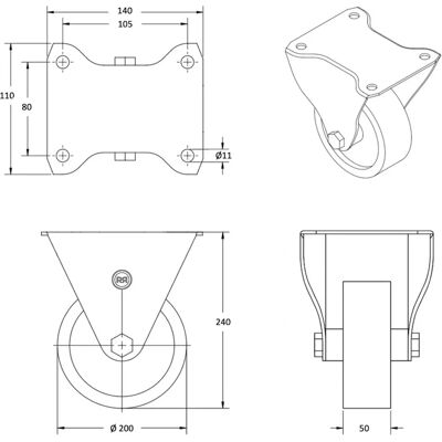 Roues-et-Roulettes.com - Pivoting polyurethane wheels - 200 mm - 900 Kg - Wheels Roues-et-Roulettes.com - Pivoting polyurethane wheels - 200 mm - 900 Kg - Wheels
