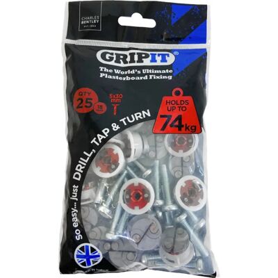 Gripit Red Plasterboard Fixings - Support 74kg - 25 pcs Gripit Red Plasterboard Fixings - Support 74kg - 25 pcs