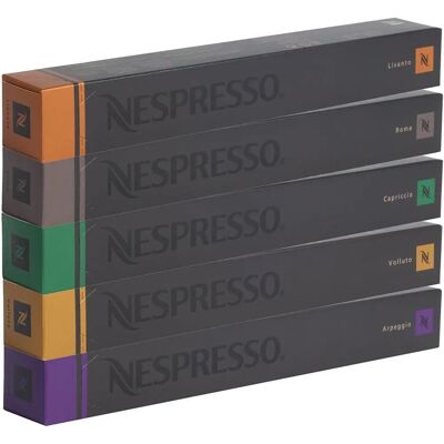 Set Mixte Nespresso - 50 Capsules - Volluto, Capriccio, Livanto, Roma, Arpeggio - Capsules de café - Publicité Set Mixte Nespresso - 50 Capsules - Volluto, Capriccio, Livanto, Roma, Arpeggio - Capsules de café - Publicité