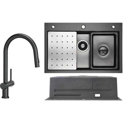 Cecipa Max - Fregadero de Cocina de Acero Inoxidable 70x45cm Negro Antracita con Escurridor + Grifo Extraíble - Fregadero y Sistema de Ducha Cecipa Max - Fregadero de Cocina de Acero Inoxidable 70x45cm Negro Antracita con Escurridor + Grifo Extraíble - Fregadero y Sistema de Ducha
