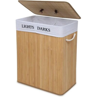 Mondeer - Cesto per bucato - Pieghevole, Bambù, 2 Scomparti - 100L Mondeer - Cesto per bucato - Pieghevole, Bambù, 2 Scomparti - 100L