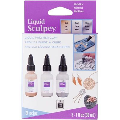 Ensemble de liquides métalliques Sculpey - Argent, Or, Perle - 3 x 1 fl oz - Publicité Ensemble de liquides métalliques Sculpey - Argent, Or, Perle - 3 x 1 fl oz - Publicité