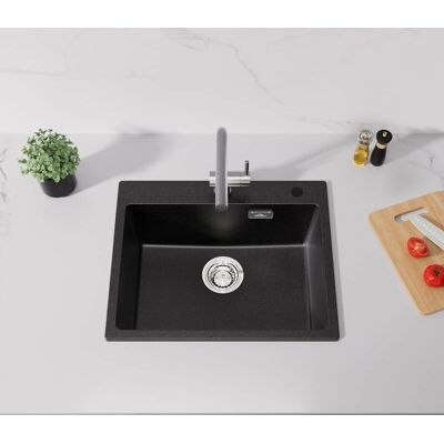 Lavello da Cucina AURALUM Max in Quarzo - Nero 55x45cm, Sopra Piano, Scarico & Sifone Lavello da Cucina AURALUM Max in Quarzo - Nero 55x45cm, Sopra Piano, Scarico & Sifone