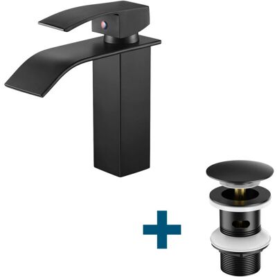 Grifo AURALUM con Boquilla en Cascada y Desagüe con Tapón - Negro Grifo AURALUM con Boquilla en Cascada y Desagüe con Tapón - Negro