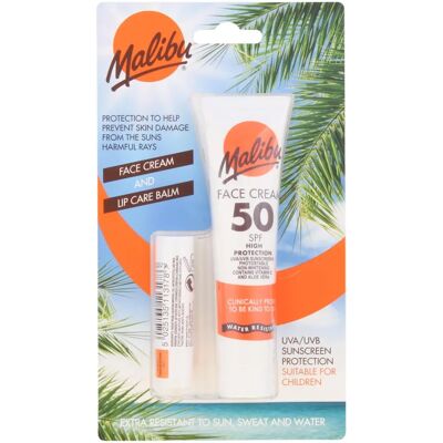 Malibu Sun - SPF50 Face Cream SPF30 Lip Balm - Water Resistant - Vitamin Rich - Sun Duo Malibu Sun - SPF50 Face Cream SPF30 Lip Balm - Water Resistant - Vitamin Rich - Sun Duo