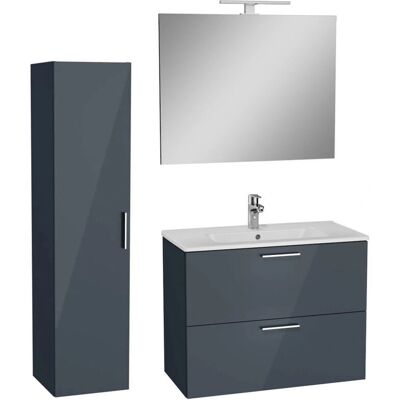Vitra - Juego de baño con espejo, lavabo, iluminación LED, Antracita brillo Vitra - Juego de baño con espejo, lavabo, iluminación LED, Antracita brillo