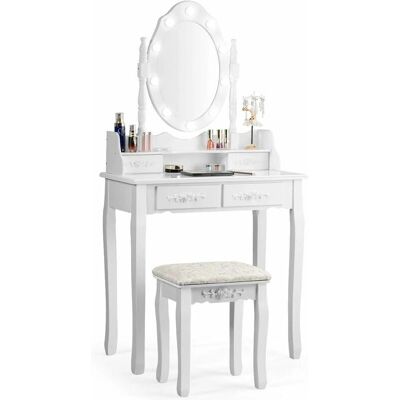 Set de tocador clásico de Costway con taburete y espejo de bombilla LED 75 x 40 x 146 cm Blanco - Set de maquillaje Set de tocador clásico de Costway con taburete y espejo de bombilla LED 75 x 40 x 146 cm Blanco - Set de maquillaje
