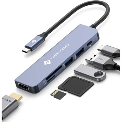 Novoo USB Hub - 4K Ondersteuning - Micro SD Slot - Grijs - USB-C - 60W Novoo USB Hub - 4K Ondersteuning - Micro SD Slot - Grijs - USB-C - 60W
