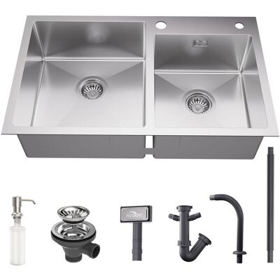 Lavello da Cucina in Acciaio Inox con Due Vasche - 75x45cm con Dispensatore di Sapone Lavello da Cucina in Acciaio Inox con Due Vasche - 75x45cm con Dispensatore di Sapone