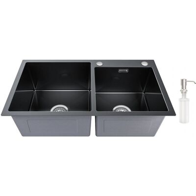 AURALUM - Fregadero de Cocina 75x45cm Acero Inoxidable Doble Senos con Dispensador AURALUM - Fregadero de Cocina 75x45cm Acero Inoxidable Doble Senos con Dispensador