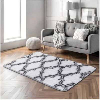 Livingandhome - Geometric Shag Rug - White/Grey - 100x180 cm - Rug Livingandhome - Geometric Shag Rug - White/Grey - 100x180 cm - Rug