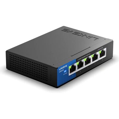 Commutateur Ethernet Gigabit Linksys LGS105 Non Géré - Noir, Bleu - Publicité Commutateur Ethernet Gigabit Linksys LGS105 Non Géré - Noir, Bleu - Publicité