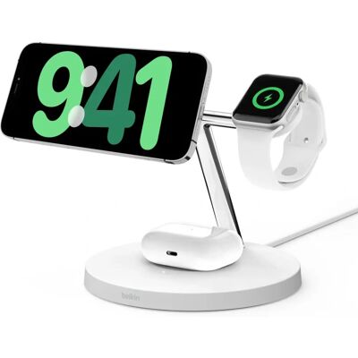 Belkin WIZ009VFWH-V2 - Support de chargement sans fil 3-en-1 - Qi2 15W - Blanc - Publicité Belkin WIZ009VFWH-V2 - Support de chargement sans fil 3-en-1 - Qi2 15W - Blanc - Publicité