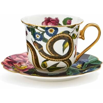 Spode Creatures of Curiosity Fluted Teacup och fat - Mörk blomma / Snake Spode Creatures of Curiosity Fluted Teacup och fat - Mörk blomma / Snake