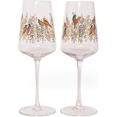 Sara Miller Chelsea Gold Leaves & Birds Wine Glass Set of 2 Sara Miller Chelsea Gold Leaves & Birds Wine Glass Set of 2