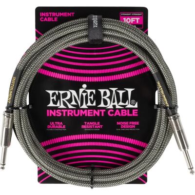 Ernie Ball Ezüst hangszerkábel - 10ft, Fonott, Egyenes Ernie Ball Ezüst hangszerkábel - 10ft, Fonott, Egyenes