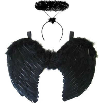 Déguisement de fête de fantaisie Ange noir avec ailes et halo - Halloween de l'ange sombre - Publicité Déguisement de fête de fantaisie Ange noir avec ailes et halo - Halloween de l'ange sombre - Publicité