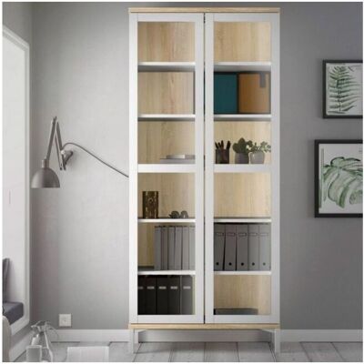 Caesaroo - 203cm Weiße Matte & Eiche Wohnzimmervitrine - Vitrine Caesaroo - 203cm Weiße Matte & Eiche Wohnzimmervitrine - Vitrine