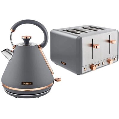 Tower - Cavaletto Pyramid Kettle and Toaster - Grey - 1.7L kettle 4-slice toaster Tower - Cavaletto Pyramid Kettle and Toaster - Grey - 1.7L kettle 4-slice toaster