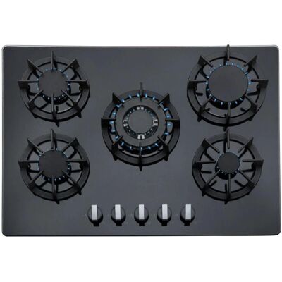 SIA R8 70cm Black 5 Burner Gas On Glass Hob With Cast Iron Pan Stands SIA R8 70cm Black 5 Burner Gas On Glass Hob With Cast Iron Pan Stands