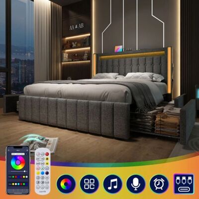 Lit rembourré MUVOE avec USB, LED, 4 tiroirs - Publicité Lit rembourré MUVOE avec USB, LED, 4 tiroirs - Publicité