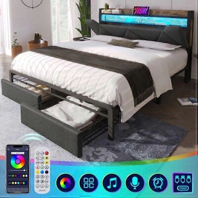 Lit MUVOE avec tête de lit escamotable, USB-C, LED, tiroirs - 140x200 - Publicité Lit MUVOE avec tête de lit escamotable, USB-C, LED, tiroirs - 140x200 - Publicité
