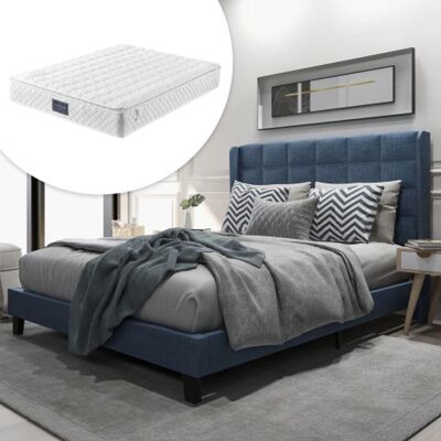 MUVOE Lit Tapissé - 140x200cm, Lin Bleu, avec Matelas à Ressorts - Publicité MUVOE Lit Tapissé - 140x200cm, Lin Bleu, avec Matelas à Ressorts - Publicité
