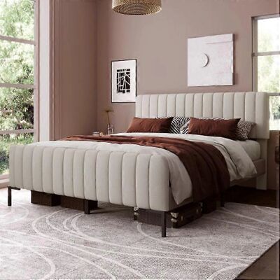 MUVOE Lit double capitonné 160 x 200 cm - Tissu gris-beige - Design moderne - Publicité MUVOE Lit double capitonné 160 x 200 cm - Tissu gris-beige - Design moderne - Publicité