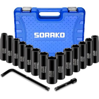 Zestaw nasadek udarowych Sorako - 14 sztuk, 10-24 mm, głębokość 78 mm, z przedłużkami Zestaw nasadek udarowych Sorako - 14 sztuk, 10-24 mm, głębokość 78 mm, z przedłużkami