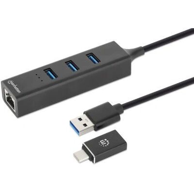 Manhattan USB-C & USB-A Hub - 4 Ports, Ethernet, Schwarz Manhattan USB-C & USB-A Hub - 4 Ports, Ethernet, Schwarz