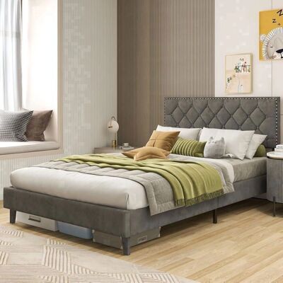 Estructura de Cama COSTWAY con Lamas de Madera - Cabecero Tapizado - 450kg Soporta Estructura de Cama COSTWAY con Lamas de Madera - Cabecero Tapizado - 450kg Soporta