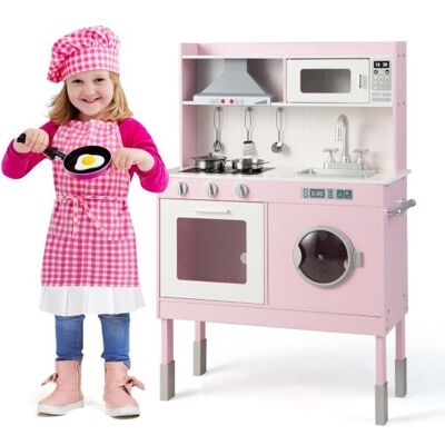 Costway - Wooden Play Kitchen - Pink - Play Kitchen Costway - Wooden Play Kitchen - Pink - Play Kitchen