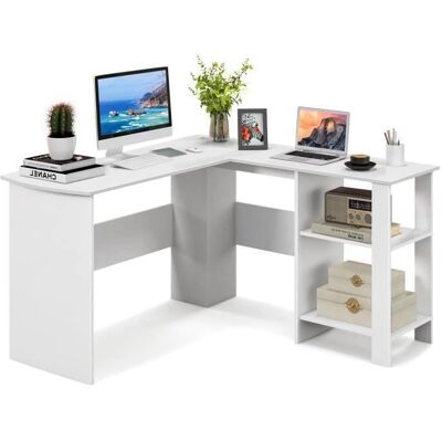 Bureau d'Angle en Forme de L avec Étagères - Blanc - Publicité Bureau d'Angle en Forme de L avec Étagères - Blanc - Publicité