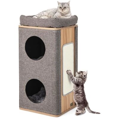 Casa para Gatos de 3 Pisos con Tabla de Rascar - Gris Casa para Gatos de 3 Pisos con Tabla de Rascar - Gris