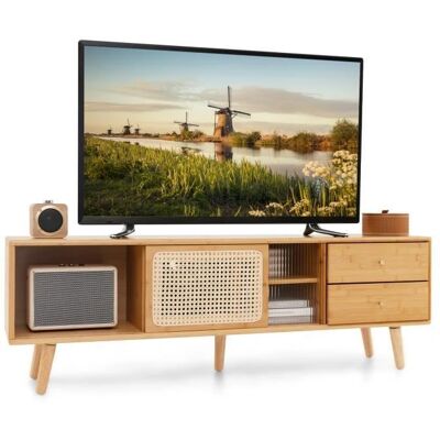 Mueble de TV de Bambú Costway - Superficie Grande, Estantes Ajustables, Hasta 65 Pulgadas Mueble de TV de Bambú Costway - Superficie Grande, Estantes Ajustables, Hasta 65 Pulgadas