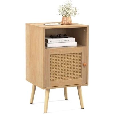 Mesita de Noche Costway con Estante Abierto y Puerta de Ratán - Dormitorio y Sala Mesita de Noche Costway con Estante Abierto y Puerta de Ratán - Dormitorio y Sala